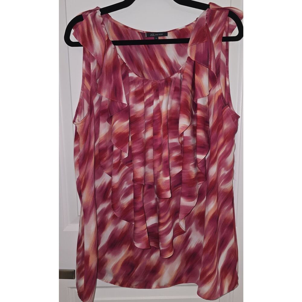 Anne Klein Women’s Size XL Tank Top Red Multicolored Round Neck Ruffle - Picture 2 of 6